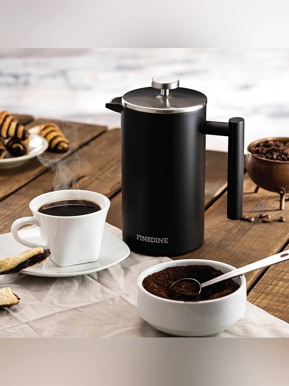 Finedine Matte Black French Press Coffee Maker - Stainless Steel - 34 oz.